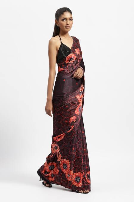 Buy Satya Paul Black Silk Satin Embroidery Chandigarh Marigold Print Saree With Running Blouse Online at Aza Fashions Buy_Satya Paul_Black Silk Satin Embroidery Chandigarh Marigold Print Saree With Running Blouse _Online_at_Aza_Fashions