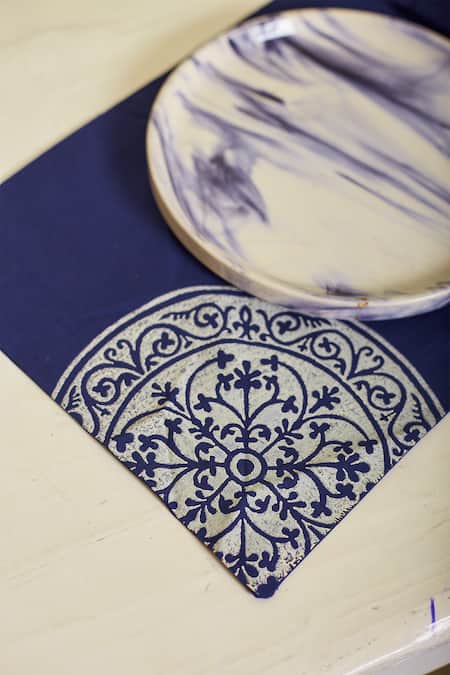 Inheritance India Blue 100% Cotton Block Print Mandala 4 Pcs Table Mats at Aza Fashions Inheritance India_Blue 100% Cotton Block Print Mandala 4 Pcs Table Mats_at_Aza_Fashions