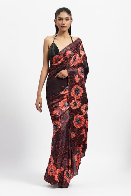 Shop Satya Paul Black Silk Satin Embroidery Chandigarh Marigold Print Saree With Running Blouse Online at Aza Fashions Shop_Satya Paul_Black Silk Satin Embroidery Chandigarh Marigold Print Saree With Running Blouse _Online_at_Aza_Fashions