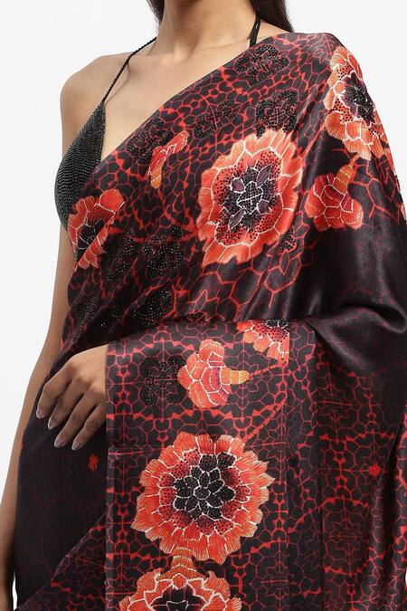 Satya Paul Black Silk Satin Embroidery Chandigarh Marigold Print Saree With Running Blouse at Aza Fashions Satya Paul_Black Silk Satin Embroidery Chandigarh Marigold Print Saree With Running Blouse _at_Aza_Fashions