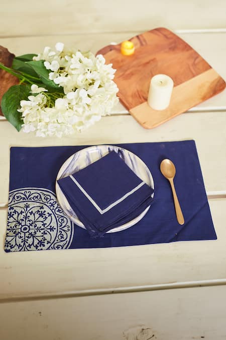 Inheritance India Blue 100% Cotton Block Print Mandala 4 Pcs Table Mats Online at Aza Fashions Inheritance India_Blue 100% Cotton Block Print Mandala 4 Pcs Table Mats_Online_at_Aza_Fashions