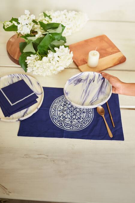 Buy Inheritance India Blue 100% Cotton Block Print Mandala 4 Pcs Table Mats Online at Aza Fashions Buy_Inheritance India_Blue 100% Cotton Block Print Mandala 4 Pcs Table Mats_Online_at_Aza_Fashions
