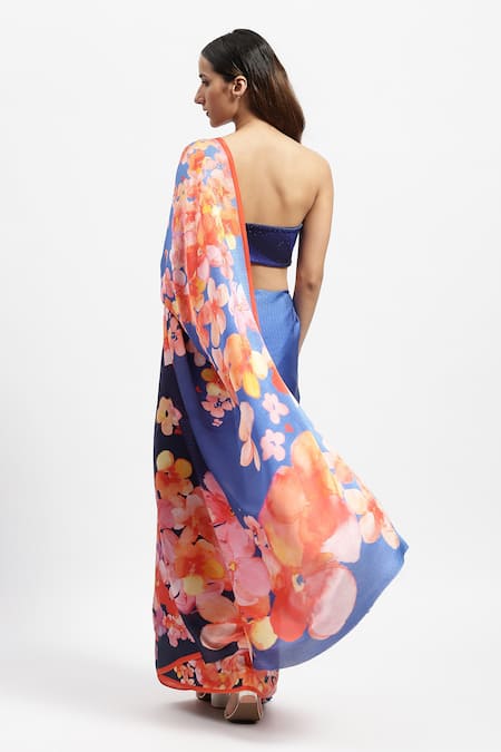 Shop Satya Paul Blue Silk Satin Ocean Bounty Watercolor Floral Print Saree With Running Blouse at Aza Fashions Shop_Satya Paul_Blue Silk Satin Ocean Bounty Watercolor Floral Print Saree With Running Blouse _at_Aza_Fashions