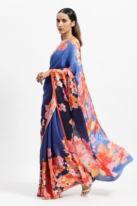 Satya Paul Blue Silk Satin Ocean Bounty Watercolor Floral Print Saree With Running Blouse Online at Aza Fashions Satya Paul_Blue Silk Satin Ocean Bounty Watercolor Floral Print Saree With Running Blouse _Online_at_Aza_Fashions