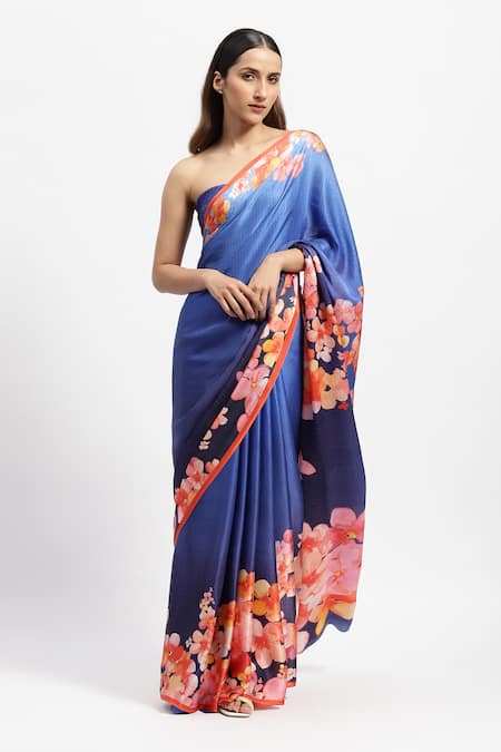 Buy Satya Paul Blue Silk Satin Ocean Bounty Watercolor Floral Print Saree With Running Blouse Online at Aza Fashions Buy_Satya Paul_Blue Silk Satin Ocean Bounty Watercolor Floral Print Saree With Running Blouse _Online_at_Aza_Fashions