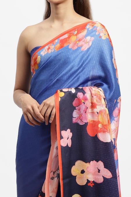 Shop Satya Paul Blue Silk Satin Ocean Bounty Watercolor Floral Print Saree With Running Blouse Online at Aza Fashions Shop_Satya Paul_Blue Silk Satin Ocean Bounty Watercolor Floral Print Saree With Running Blouse _Online_at_Aza_Fashions