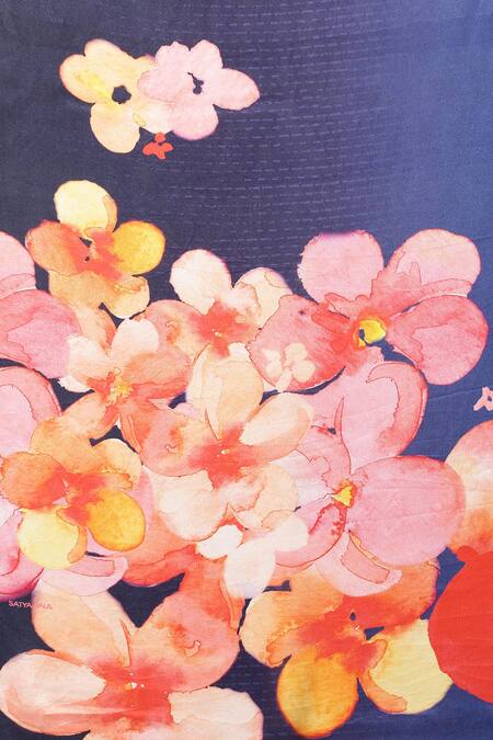 Satya Paul Blue Silk Satin Ocean Bounty Watercolor Floral Print Saree With Running Blouse at Aza Fashions Satya Paul_Blue Silk Satin Ocean Bounty Watercolor Floral Print Saree With Running Blouse _at_Aza_Fashions