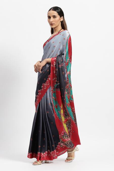 Satya Paul_Blue Silk Satin Night Embrace Print Saree With Running Blouse _Online_at_Aza_Fashions