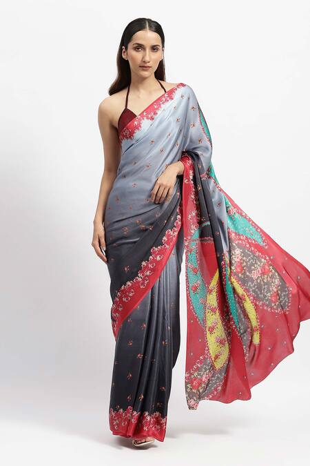 Shop_Satya Paul_Blue Silk Satin Night Embrace Print Saree With Running Blouse _Online_at_Aza_Fashions
