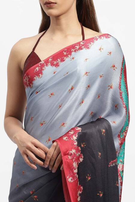 Satya Paul_Blue Silk Satin Night Embrace Print Saree With Running Blouse _at_Aza_Fashions