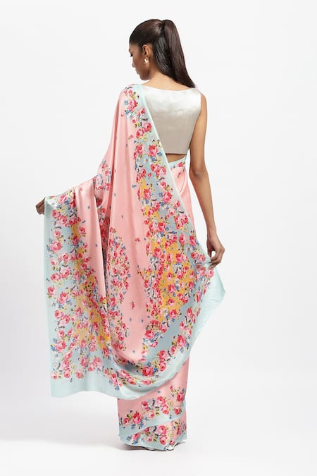 Shop Satya Paul Pink Silk Satin Bewitched European Rose Garden Print Saree With Running Blouse at Aza Fashions Shop_Satya Paul_Pink Silk Satin Bewitched European Rose Garden Print Saree With Running Blouse _at_Aza_Fashions