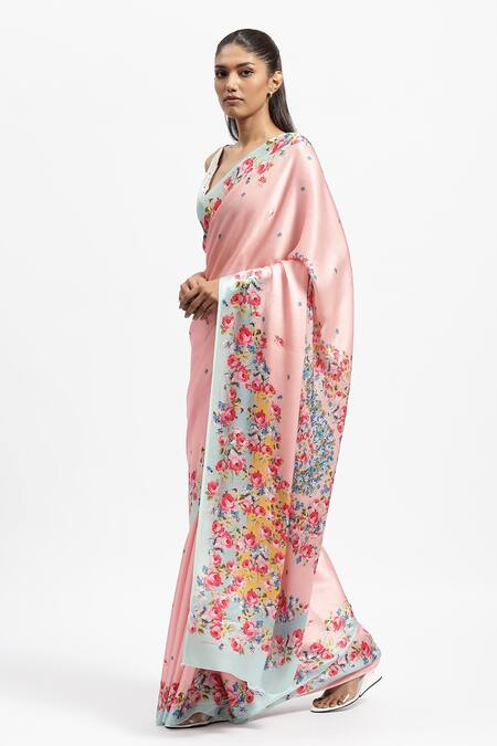 Satya Paul Pink Silk Satin Bewitched European Rose Garden Print Saree With Running Blouse Online at Aza Fashions Satya Paul_Pink Silk Satin Bewitched European Rose Garden Print Saree With Running Blouse _Online_at_Aza_Fashions
