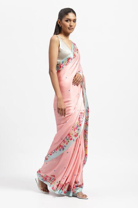 Buy Satya Paul Pink Silk Satin Bewitched European Rose Garden Print Saree With Running Blouse Online at Aza Fashions Buy_Satya Paul_Pink Silk Satin Bewitched European Rose Garden Print Saree With Running Blouse _Online_at_Aza_Fashions