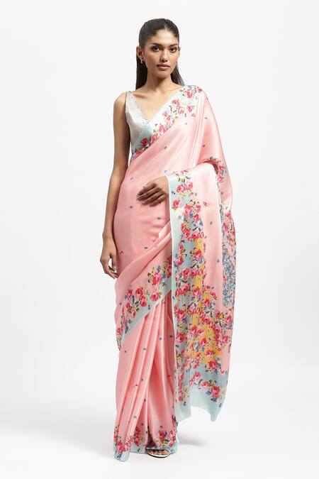 Shop Satya Paul Pink Silk Satin Bewitched European Rose Garden Print Saree With Running Blouse Online at Aza Fashions Shop_Satya Paul_Pink Silk Satin Bewitched European Rose Garden Print Saree With Running Blouse _Online_at_Aza_Fashions