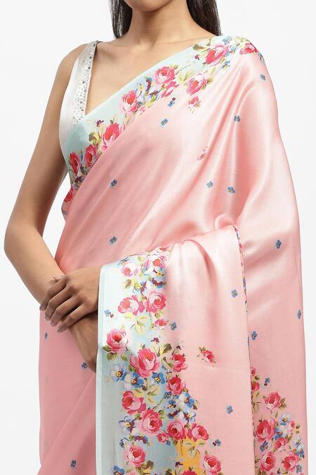 Satya Paul Pink Silk Satin Bewitched European Rose Garden Print Saree With Running Blouse at Aza Fashions Satya Paul_Pink Silk Satin Bewitched European Rose Garden Print Saree With Running Blouse _at_Aza_Fashions