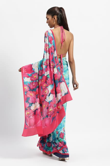 Shop Satya Paul Blue Crepe Stones Lost At Sea Lotus Print Saree With Running Blouse at Aza Fashions Shop_Satya Paul_Blue Crepe Stones Lost At Sea Lotus Print Saree With Running Blouse _at_Aza_Fashions