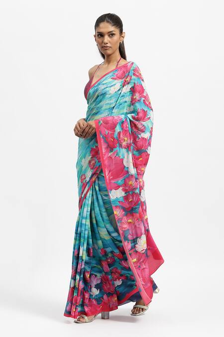 Satya Paul Blue Crepe Stones Lost At Sea Lotus Print Saree With Running Blouse Online at Aza Fashions Satya Paul_Blue Crepe Stones Lost At Sea Lotus Print Saree With Running Blouse _Online_at_Aza_Fashions