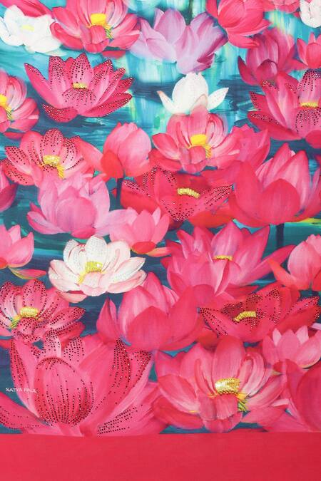 Satya Paul Blue Crepe Stones Lost At Sea Lotus Print Saree With Running Blouse at Aza Fashions Satya Paul_Blue Crepe Stones Lost At Sea Lotus Print Saree With Running Blouse _at_Aza_Fashions