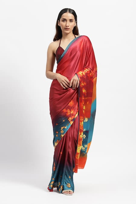 Satya Paul Hestia Burning Bloom Flame Print Saree With Running Blouse 