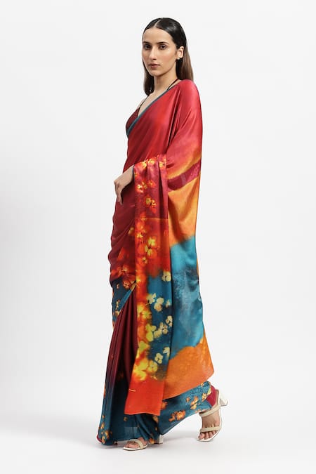 Satya Paul_Red Silk Satin Hestia Burning Bloom Flame Print Saree With Running Blouse _Online_at_Aza_Fashions