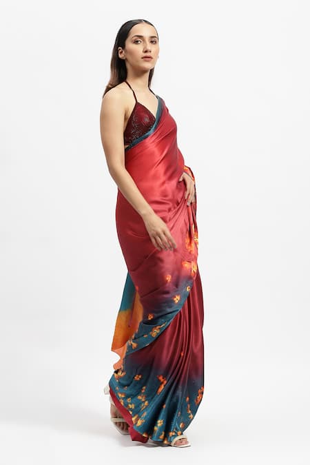 Buy_Satya Paul_Red Silk Satin Hestia Burning Bloom Flame Print Saree With Running Blouse _Online_at_Aza_Fashions