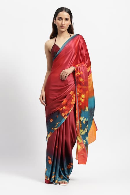 Shop_Satya Paul_Red Silk Satin Hestia Burning Bloom Flame Print Saree With Running Blouse _Online_at_Aza_Fashions