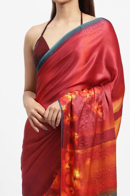 Satya Paul_Red Silk Satin Hestia Burning Bloom Flame Print Saree With Running Blouse _at_Aza_Fashions