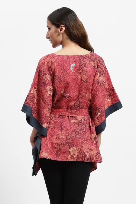 Shop Satya Paul Red Linen V-neck Madder Floral Print Kaftan at Aza Fashions Shop_Satya Paul_Red Linen V-neck Madder Floral Print Kaftan _at_Aza_Fashions