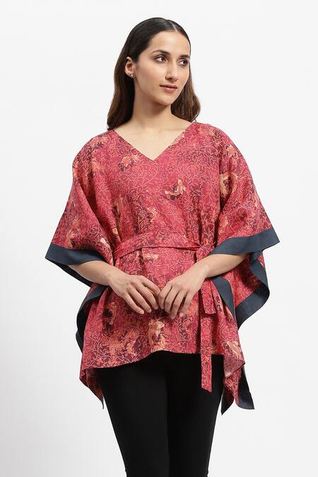 Satya Paul Red Linen V-neck Madder Floral Print Kaftan Online at Aza Fashions Satya Paul_Red Linen V-neck Madder Floral Print Kaftan _Online_at_Aza_Fashions