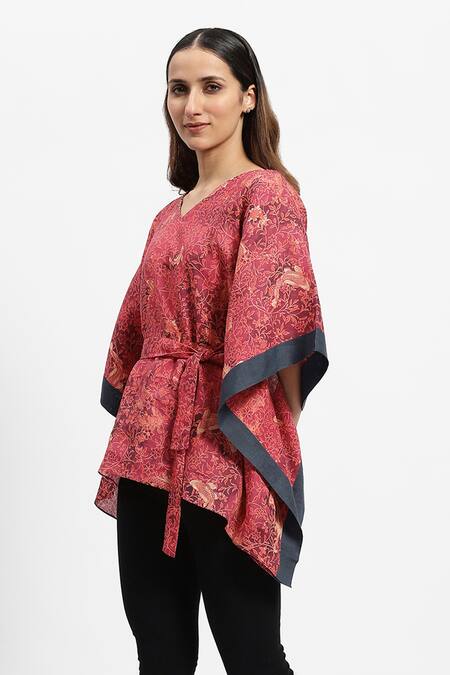 Buy Satya Paul Red Linen V-neck Madder Floral Print Kaftan Online at Aza Fashions Buy_Satya Paul_Red Linen V-neck Madder Floral Print Kaftan _Online_at_Aza_Fashions