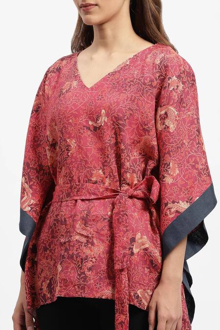 Satya Paul Red Linen V-neck Madder Floral Print Kaftan at Aza Fashions Satya Paul_Red Linen V-neck Madder Floral Print Kaftan _at_Aza_Fashions