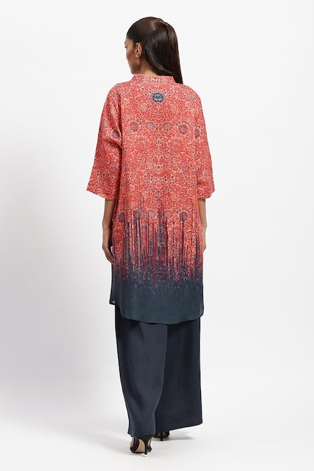 Shop Satya Paul Red Linen Embroidery Round Neck Madder Floral Print Kurta at Aza Fashions Shop_Satya Paul_Red Linen Embroidery Round Neck Madder Floral Print Kurta _at_Aza_Fashions