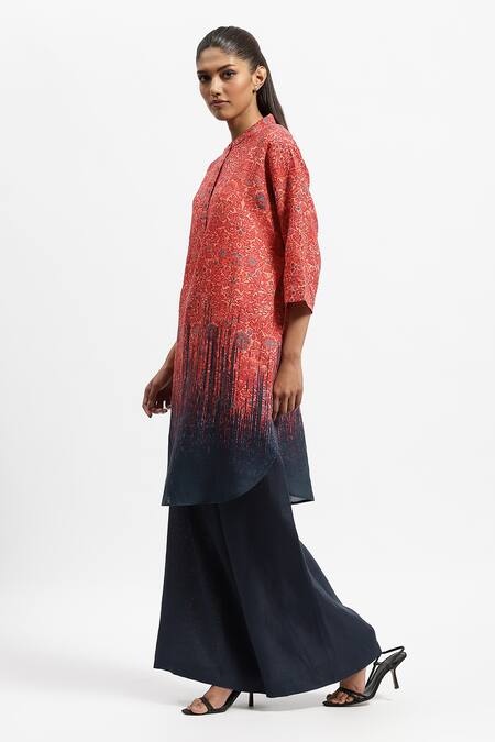 Satya Paul Red Linen Embroidery Round Neck Madder Floral Print Kurta Online at Aza Fashions Satya Paul_Red Linen Embroidery Round Neck Madder Floral Print Kurta _Online_at_Aza_Fashions