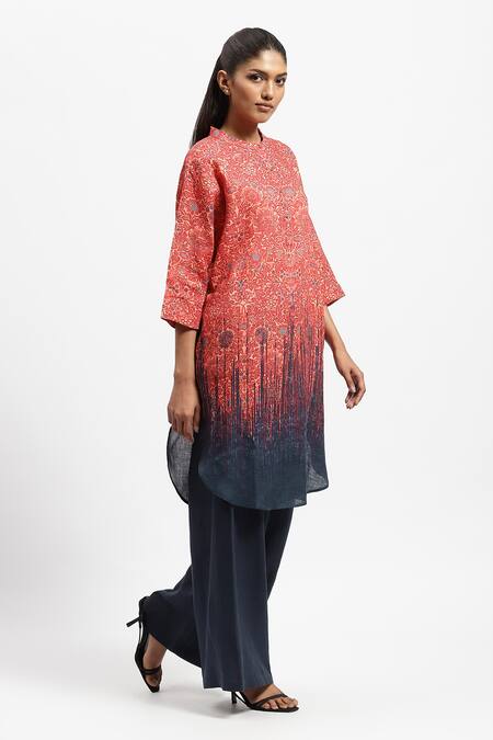 Buy Satya Paul Red Linen Embroidery Round Neck Madder Floral Print Kurta Online at Aza Fashions Buy_Satya Paul_Red Linen Embroidery Round Neck Madder Floral Print Kurta _Online_at_Aza_Fashions