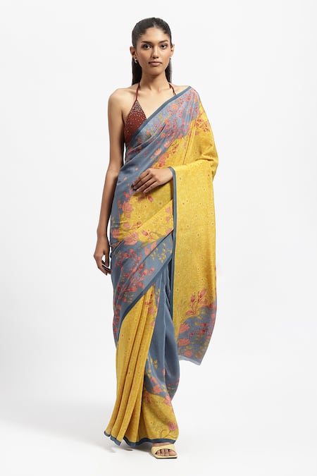 Satya Paul Yellow Silk Crepe Print Primrose Brightest Day Saree With Running Blouse 