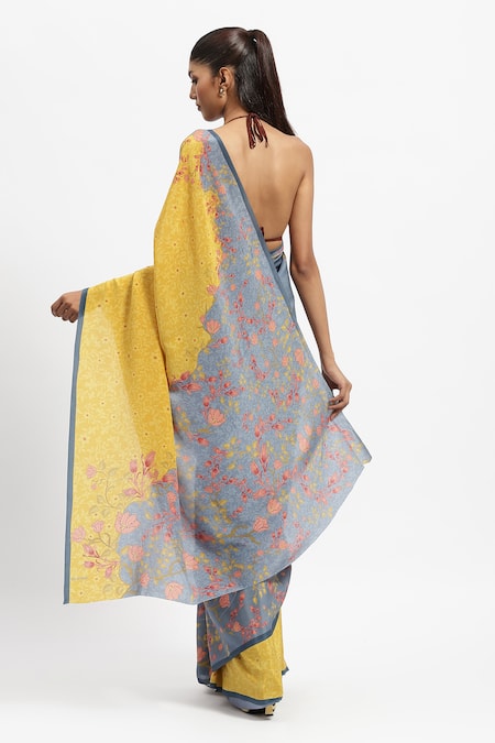 Shop Satya Paul Yellow Silk, Crepe Brightest Day Print Saree With Running Blouse at Aza Fashions Shop_Satya Paul_Yellow Silk, Crepe Brightest Day Print Saree With Running Blouse _at_Aza_Fashions