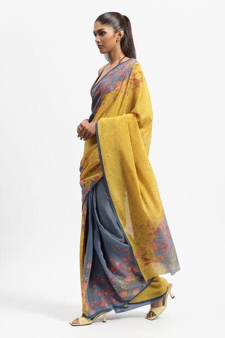Satya Paul Yellow Silk, Crepe Brightest Day Print Saree With Running Blouse Online at Aza Fashions Satya Paul_Yellow Silk, Crepe Brightest Day Print Saree With Running Blouse _Online_at_Aza_Fashions