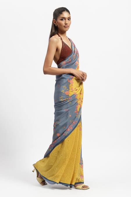 Buy Satya Paul Yellow Silk, Crepe Brightest Day Print Saree With Running Blouse Online at Aza Fashions Buy_Satya Paul_Yellow Silk, Crepe Brightest Day Print Saree With Running Blouse _Online_at_Aza_Fashions