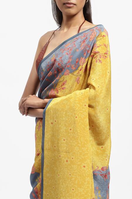 Shop Satya Paul Yellow Silk, Crepe Brightest Day Print Saree With Running Blouse Online at Aza Fashions Shop_Satya Paul_Yellow Silk, Crepe Brightest Day Print Saree With Running Blouse _Online_at_Aza_Fashions