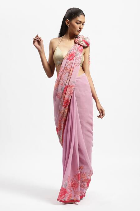 Satya Paul Purple Silk, Georgette Seeing Serotonin Print Saree With Running Blouse Online at Aza Fashions Satya Paul_Purple Silk, Georgette Seeing Serotonin Print Saree With Running Blouse _Online_at_Aza_Fashions