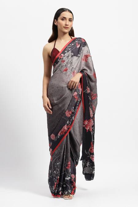 Shop_Satya Paul_Grey Silk, Crepe Crystals Nimbus Snow Embellished Saree With Running Blouse _Online_at_Aza_Fashions
