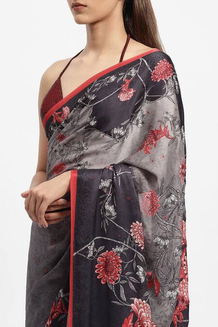 Satya Paul_Grey Silk, Crepe Crystals Nimbus Snow Embellished Saree With Running Blouse _at_Aza_Fashions