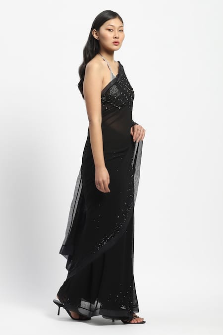 Buy_Satya Paul_Black Viscose, Georgette Crystal Math Embroidered Saree With Running Blouse _Online_at_Aza_Fashions