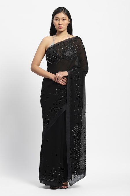 Shop_Satya Paul_Black Viscose, Georgette Crystal Math Embroidered Saree With Running Blouse _Online_at_Aza_Fashions