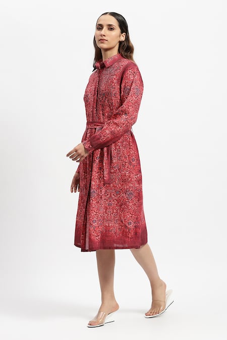 Satya Paul Red Linen Collared Floral Print Dress Online at Aza Fashions Satya Paul_Red Linen Collared Floral Print Dress _Online_at_Aza_Fashions