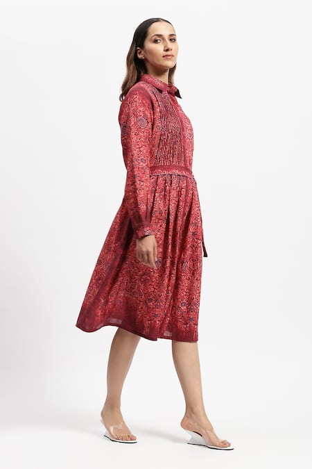 Buy Satya Paul Red Linen Collared Floral Print Dress Online at Aza Fashions Buy_Satya Paul_Red Linen Collared Floral Print Dress _Online_at_Aza_Fashions
