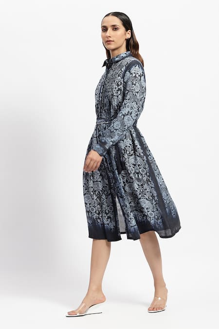 Satya Paul_Blue Linen Embroidery Collared Sunday Finery Dress _Online_at_Aza_Fashions