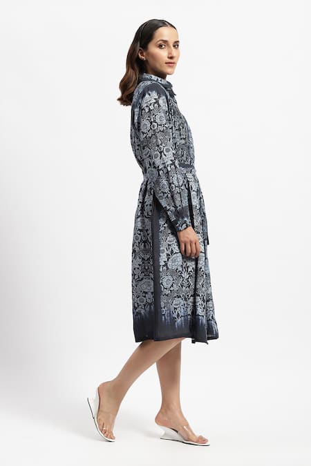 Buy_Satya Paul_Blue Linen Embroidery Collared Sunday Finery Dress _Online_at_Aza_Fashions