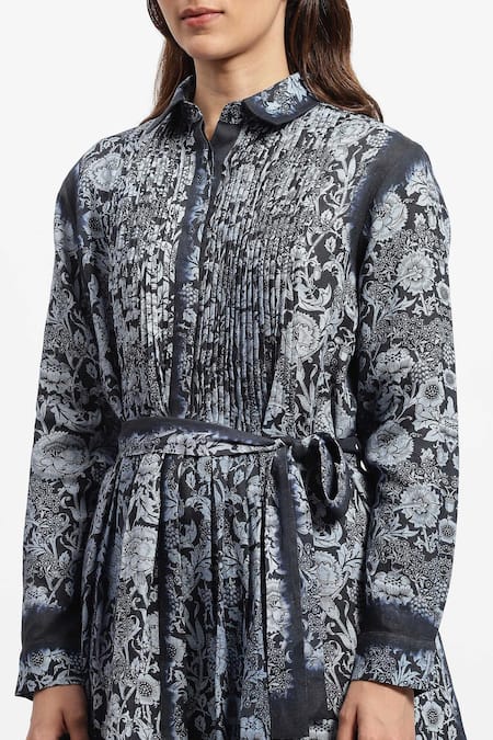 Shop_Satya Paul_Blue Linen Embroidery Collared Sunday Finery Dress _Online_at_Aza_Fashions