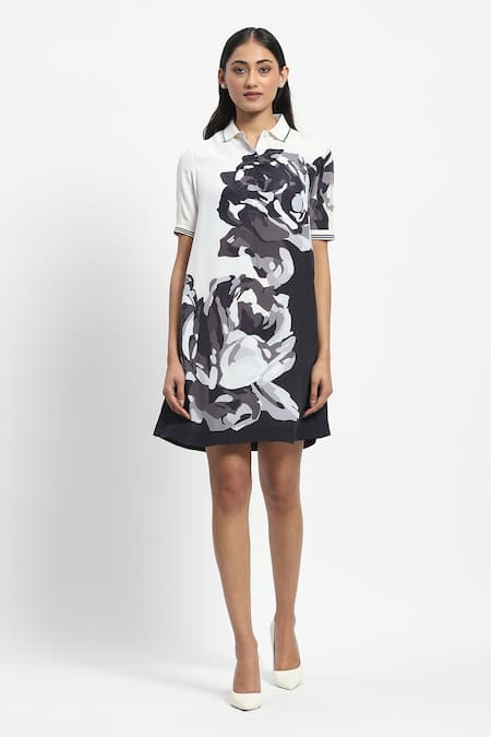 Satya Paul White Linen Print Rose Bloom Collared Neck Negative Dress 